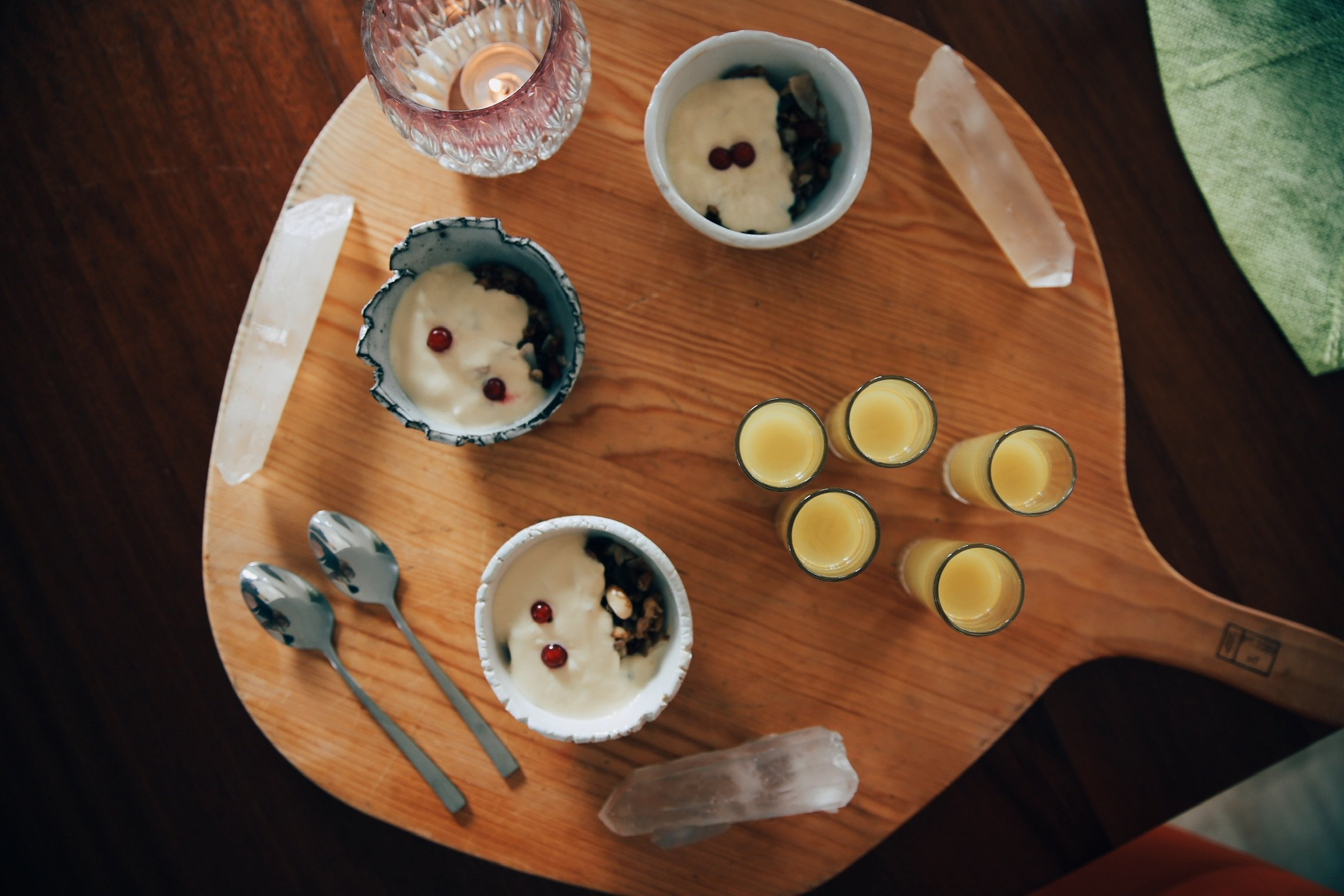 Turmeric and ginger shots and plant-based yoghurt and granola shots at The Ibiza Reconnection Retreat