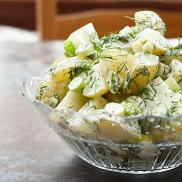 Vegan dill potato salad in a glass bowl